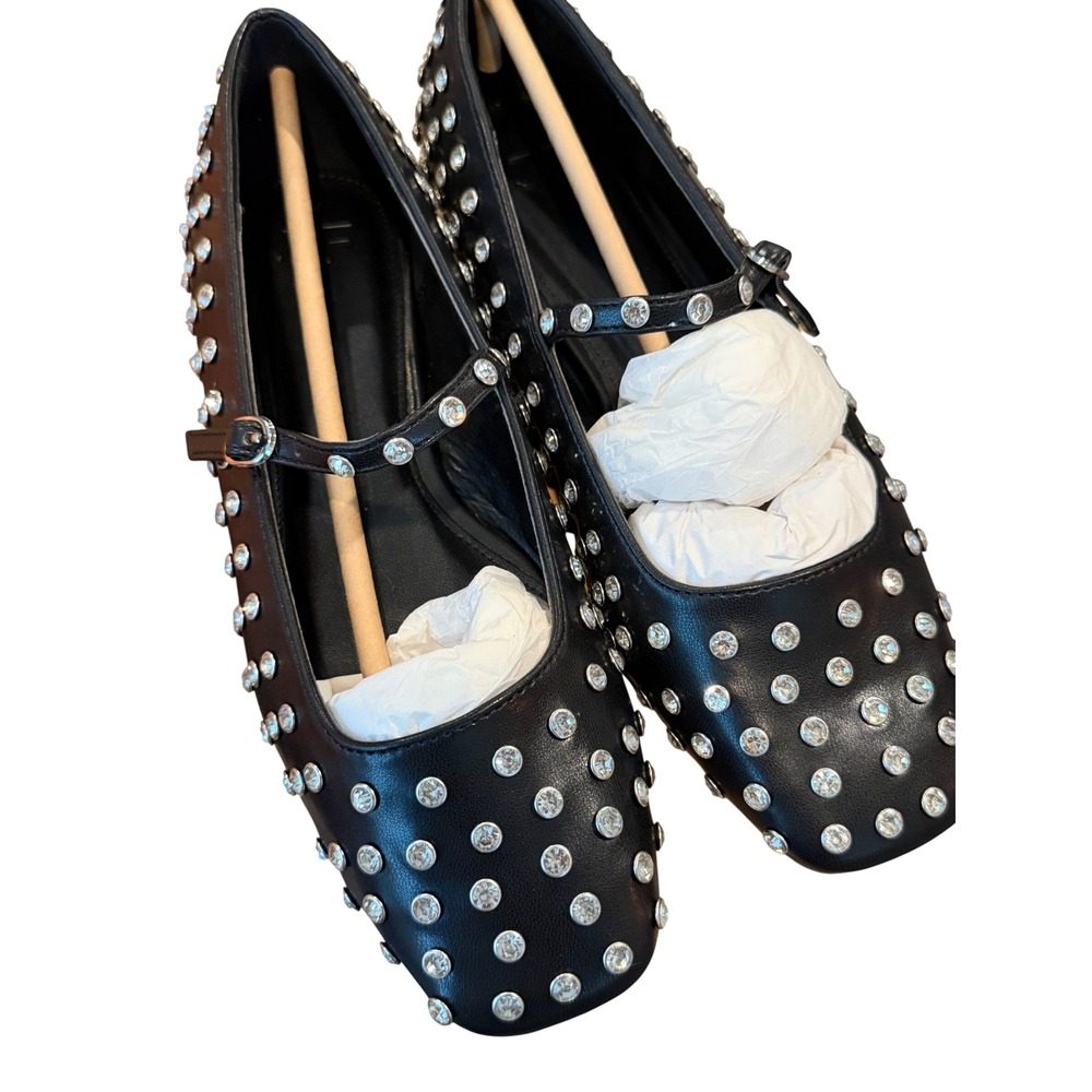 JustFab Ellidy Mary Jane Flats Women's Black Silver Rhinestone FT2500508